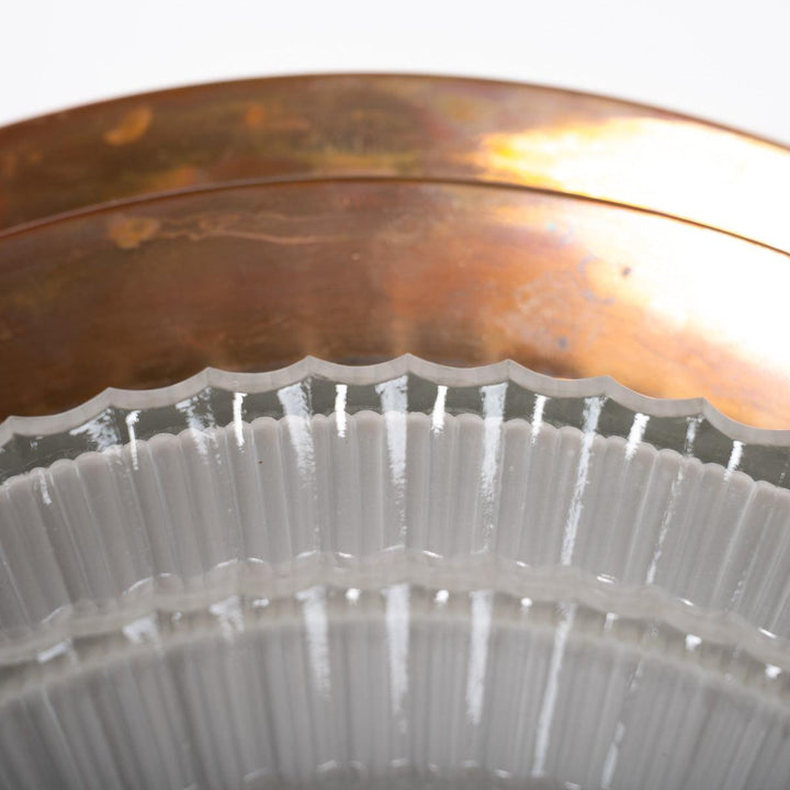 Rare Pair Holophane "STEPLITE" Prismatic Glass & Copper Stepped Flush to Ceiling Fittings