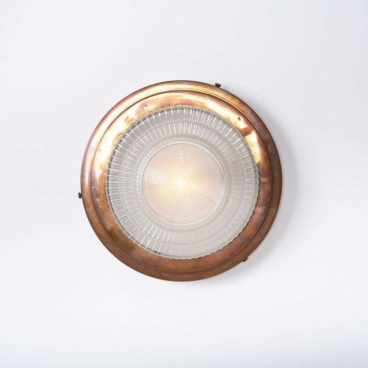 Rare Pair Holophane "STEPLITE" Prismatic Glass & Copper Stepped Flush to Ceiling Fittings