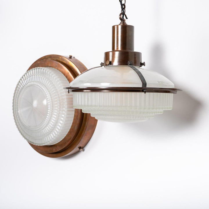 Rare Pair Holophane "STEPLITE" Prismatic Glass & Copper Stepped Flush to Ceiling Fittings