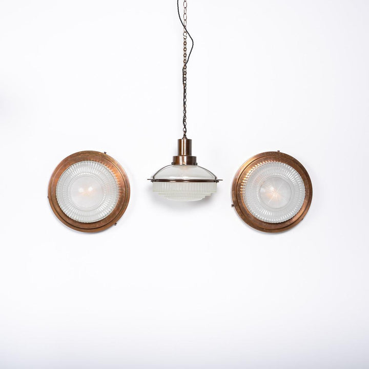 Rare Pair Holophane "STEPLITE" Prismatic Glass & Copper Stepped Flush to Ceiling Fittings