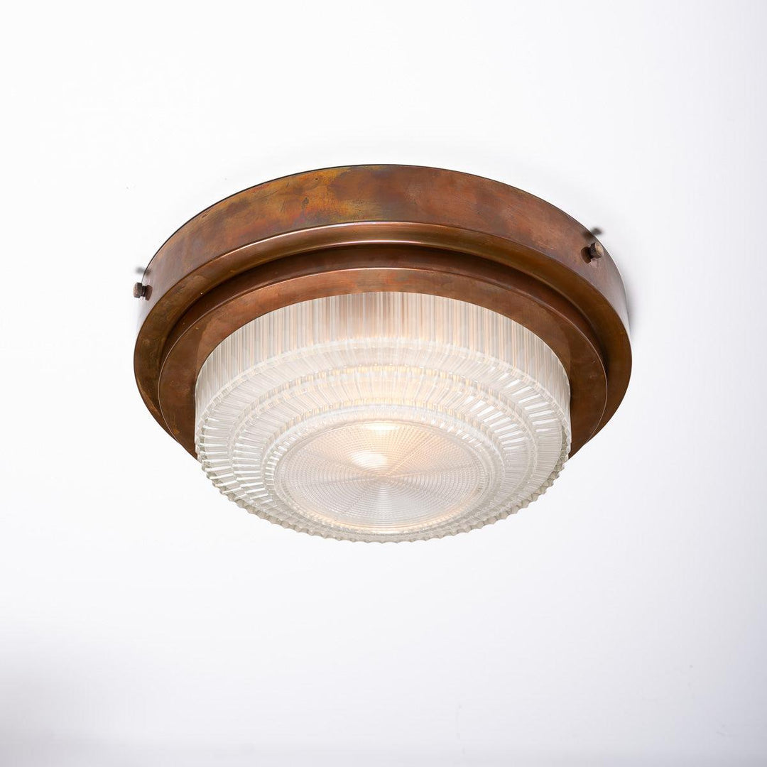 Rare Pair Holophane "STEPLITE" Prismatic Glass & Copper Stepped Flush to Ceiling Fittings