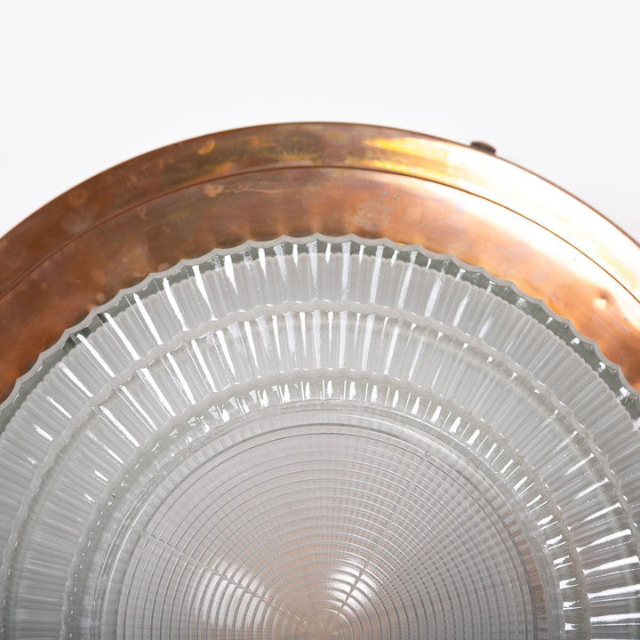 Rare Pair Holophane "STEPLITE" Prismatic Glass & Copper Stepped Flush to Ceiling Fittings