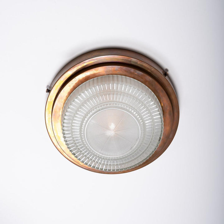 Rare Pair Holophane "STEPLITE" Prismatic Glass & Copper Stepped Flush to Ceiling Fittings