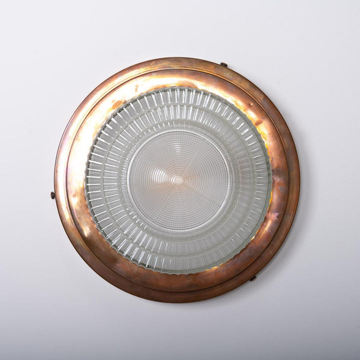 Rare Pair Holophane "STEPLITE" Prismatic Glass & Copper Stepped Flush to Ceiling Fittings