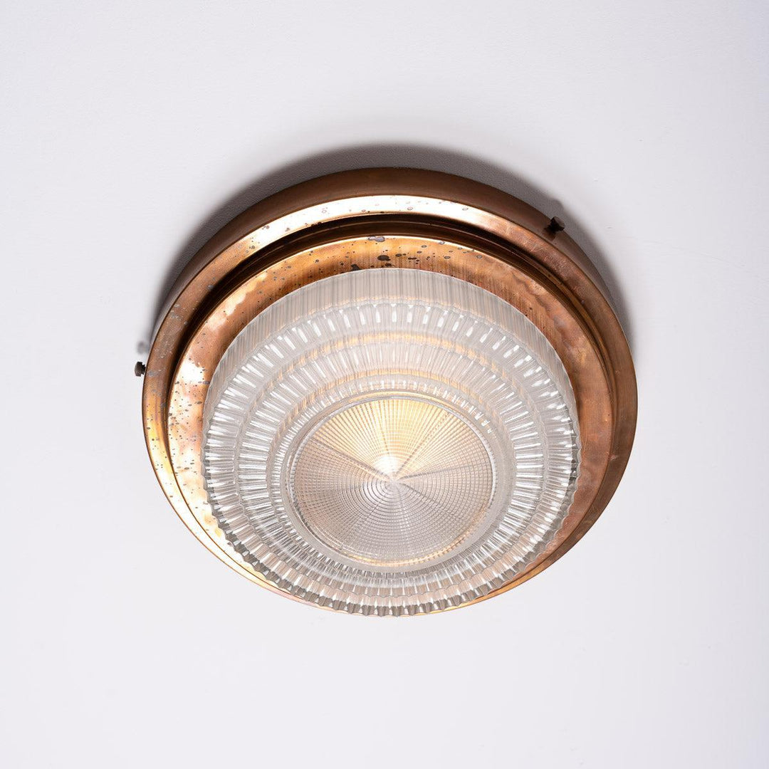 Rare Pair Holophane "STEPLITE" Prismatic Glass & Copper Stepped Flush to Ceiling Fittings