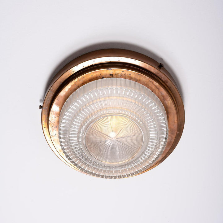 Rare Pair Holophane "STEPLITE" Prismatic Glass & Copper Stepped Flush to Ceiling Fittings