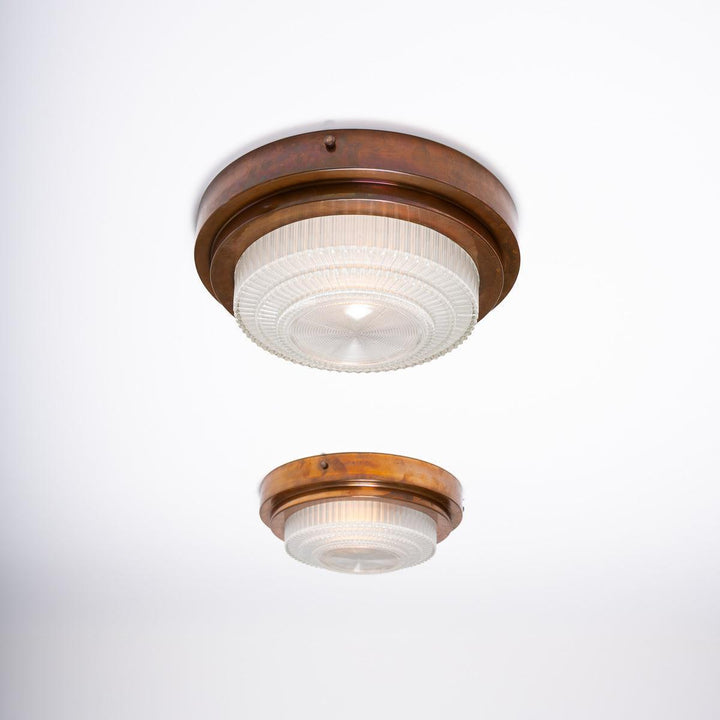 Rare Pair Holophane "STEPLITE" Prismatic Glass & Copper Stepped Flush to Ceiling Fittings