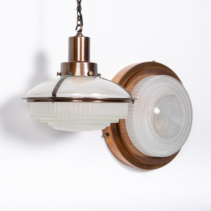 Rare Pair Holophane "STEPLITE" Prismatic Glass & Copper Stepped Flush to Ceiling Fittings