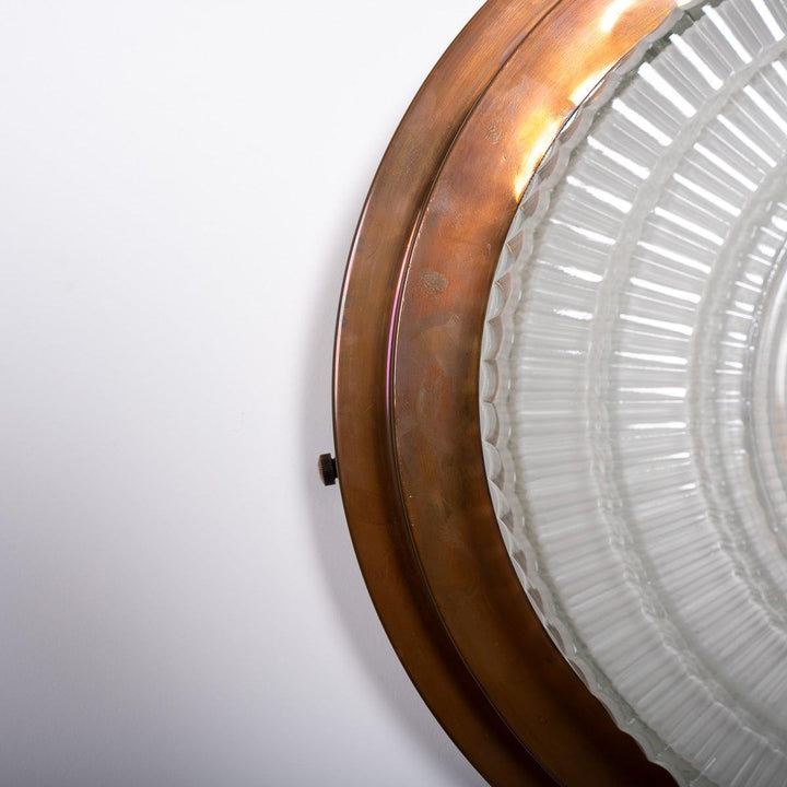 Rare Pair Holophane "STEPLITE" Prismatic Glass & Copper Stepped Flush to Ceiling Fittings