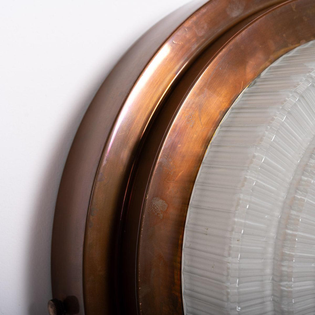 Rare Pair Holophane "STEPLITE" Prismatic Glass & Copper Stepped Flush to Ceiling Fittings