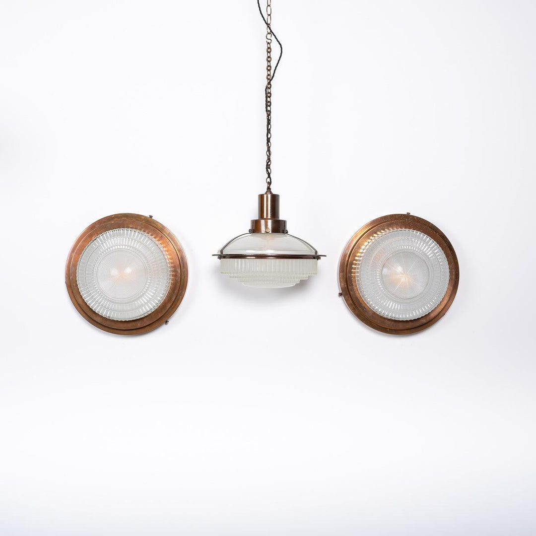 Rare Pair Holophane "STEPLITE" Prismatic Glass & Copper Stepped Flush to Ceiling Fittings