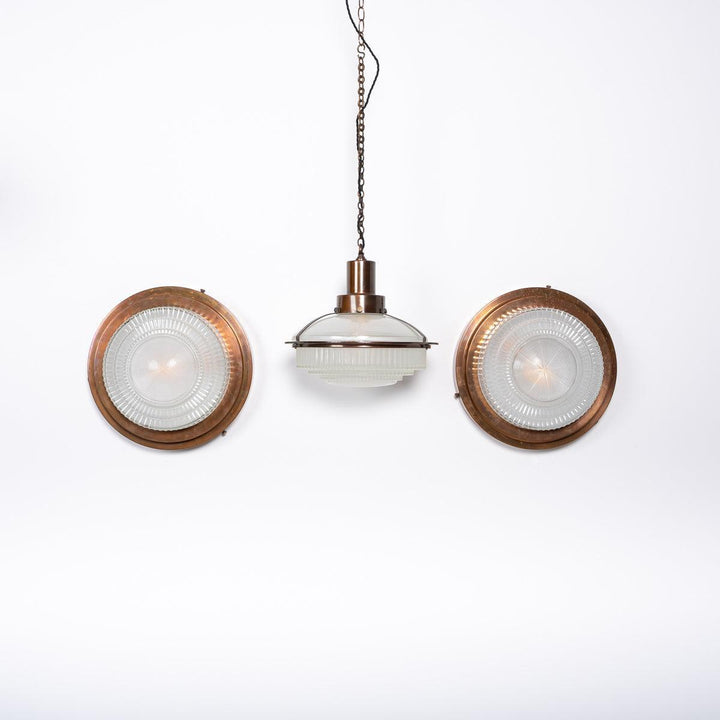 Rare Pair Holophane "STEPLITE" Prismatic Glass & Copper Stepped Flush to Ceiling Fittings