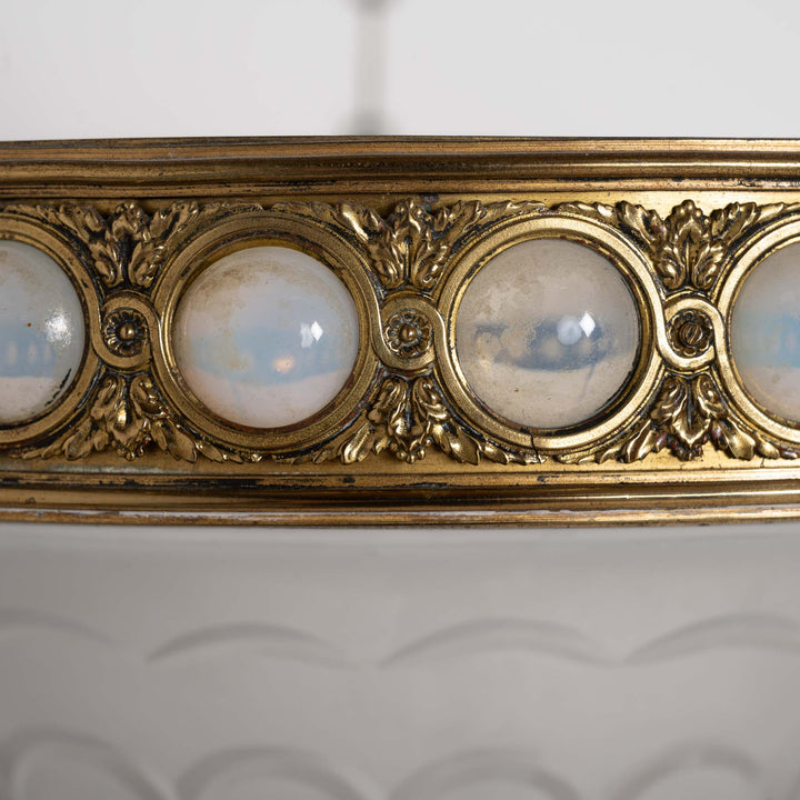 Rare Pair - Osler Satin Crystal Bowl Plafonniers in Opalescent Inset Brass Rings