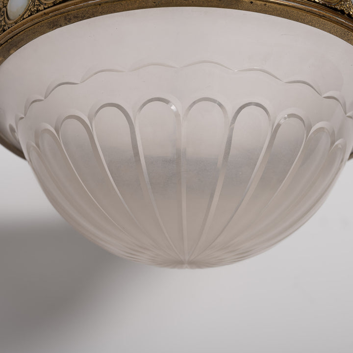 Rare Pair - Osler Satin Crystal Bowl Plafonniers in Opalescent Inset Brass Rings