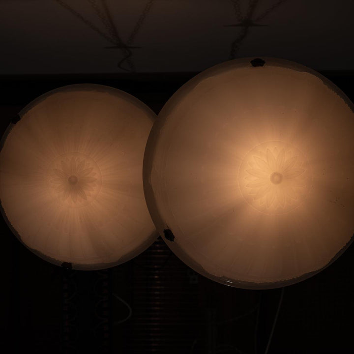 Rare Pair of Large Decorative Moonstone Glass Plafonneir Ceiling Lights
