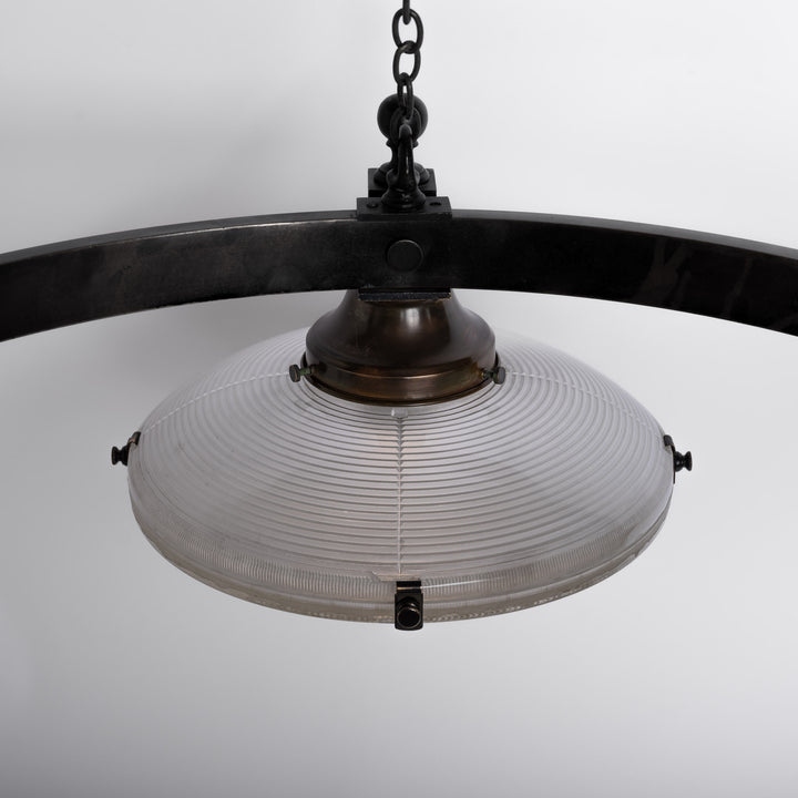 Rare Pair of Monumental Scale Antique Holophane Bronze Ring Chandeliers