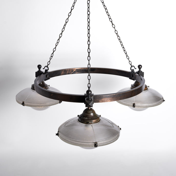 Rare Pair of Monumental Scale Antique Holophane Bronze Ring Chandeliers