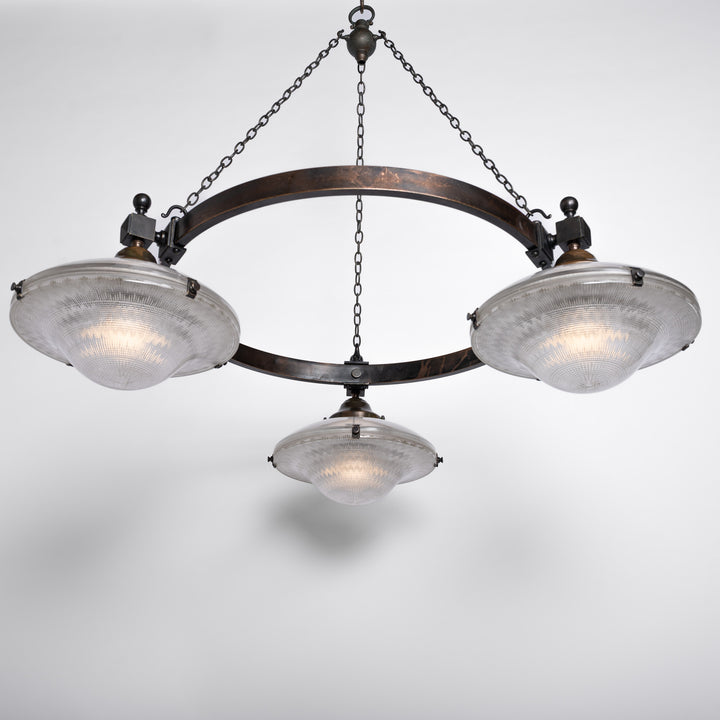 Rare Pair of Monumental Scale Antique Holophane Bronze Ring Chandeliers