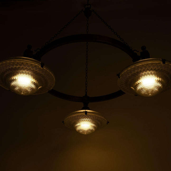 Rare Pair of Monumental Scale Antique Holophane Bronze Ring Chandeliers