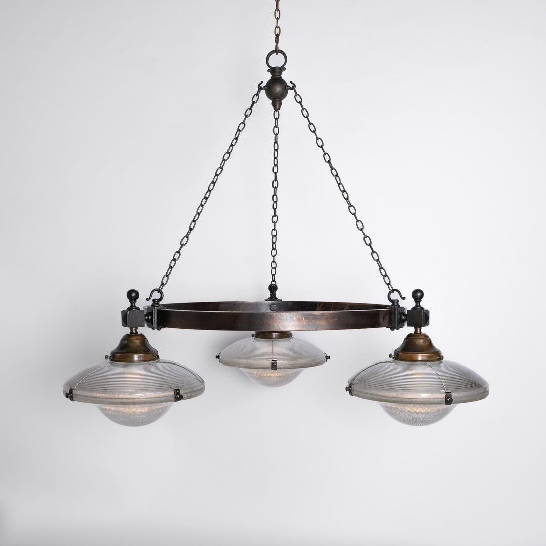 Rare Pair of Monumental Scale Antique Holophane Bronze Ring Chandeliers