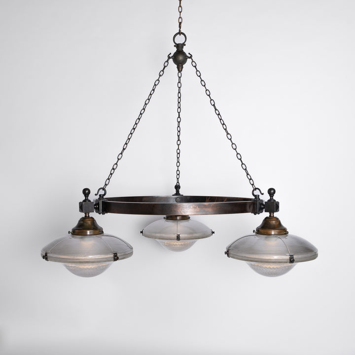 Rare Pair of Monumental Scale Antique Holophane Bronze Ring Chandeliers