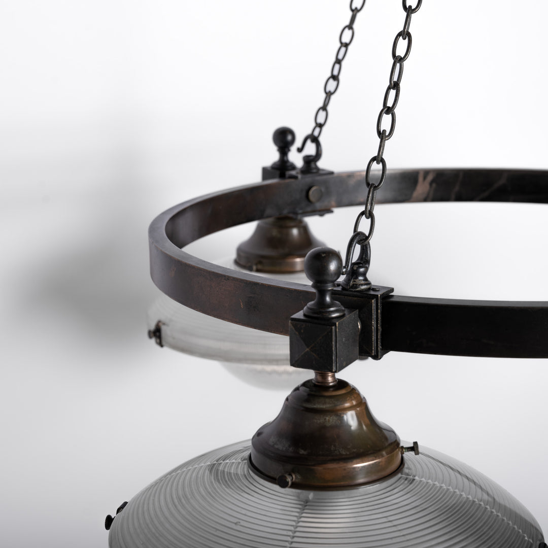 Rare Pair of Monumental Scale Antique Holophane Bronze Ring Chandeliers