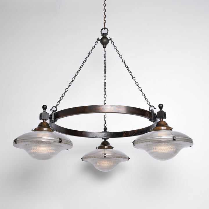 Rare Pair of Monumental Scale Antique Holophane Bronze Ring Chandeliers