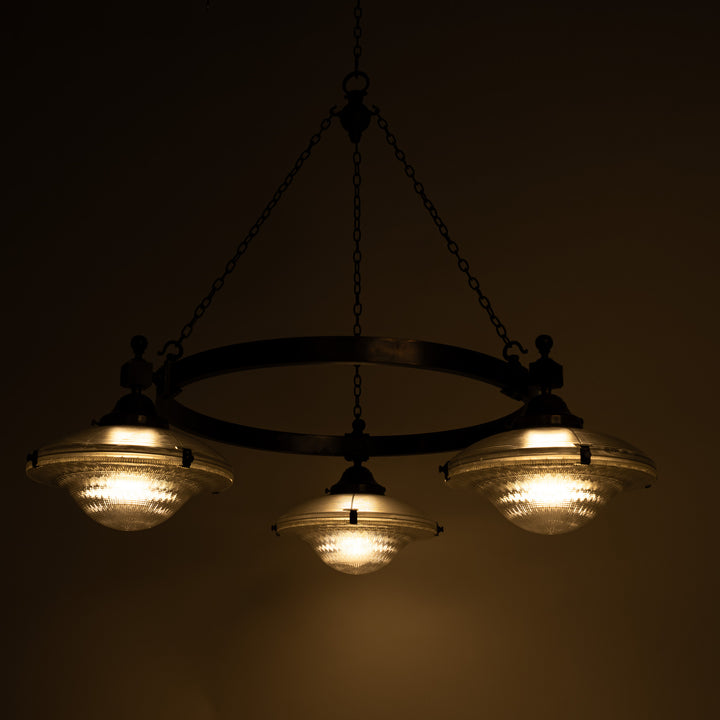 Rare Pair of Monumental Scale Antique Holophane Bronze Ring Chandeliers