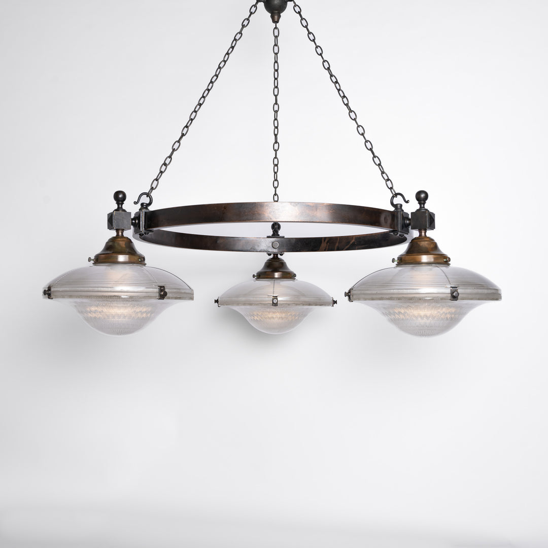 Rare Pair of Monumental Scale Antique Holophane Bronze Ring Chandeliers