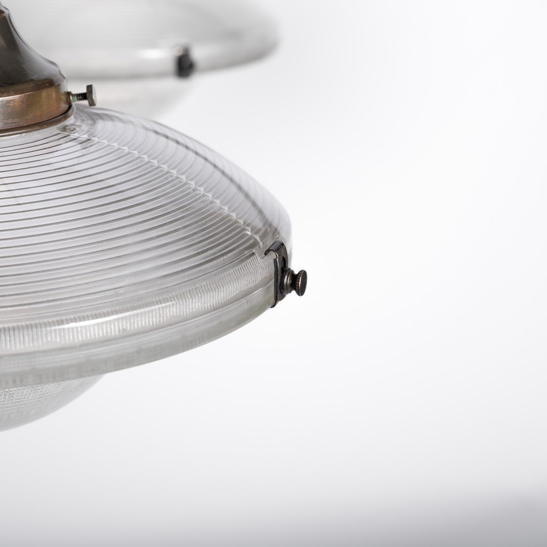 Rare Pair of Monumental Scale Antique Holophane Bronze Ring Chandeliers