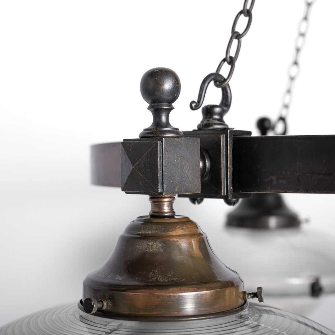 Rare Pair of Monumental Scale Antique Holophane Bronze Ring Chandeliers