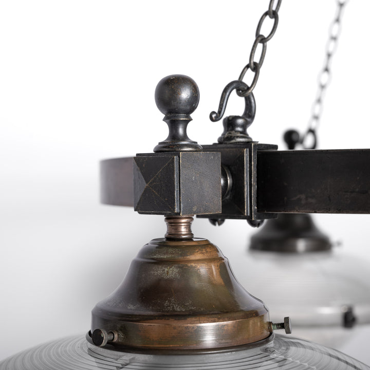 Rare Pair of Monumental Scale Antique Holophane Bronze Ring Chandeliers