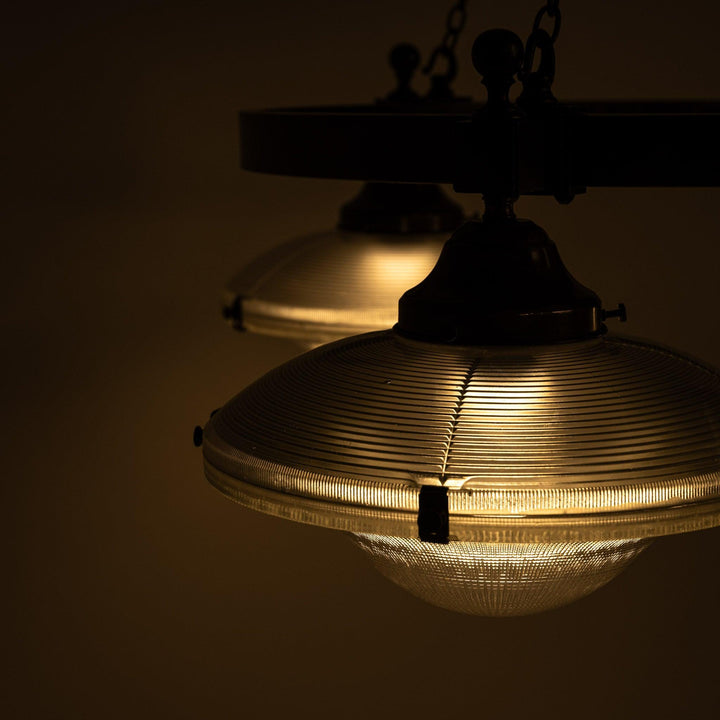 Rare Pair of Monumental Scale Antique Holophane Bronze Ring Chandeliers