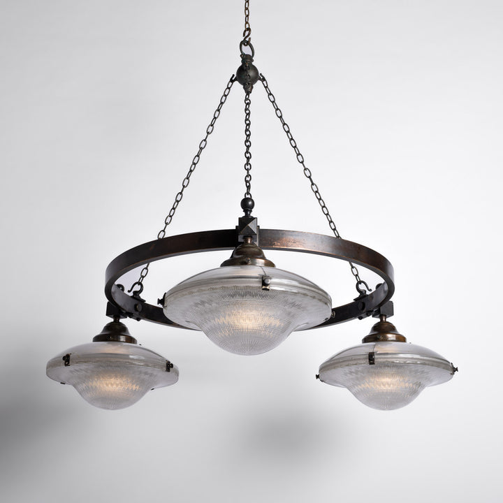 Rare Pair of Monumental Scale Antique Holophane Bronze Ring Chandeliers