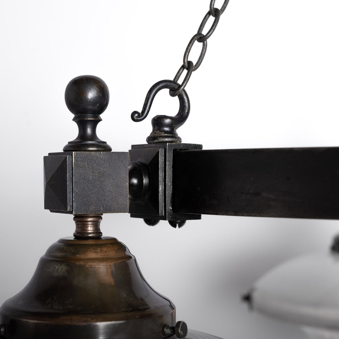 Rare Pair of Monumental Scale Antique Holophane Bronze Ring Chandeliers