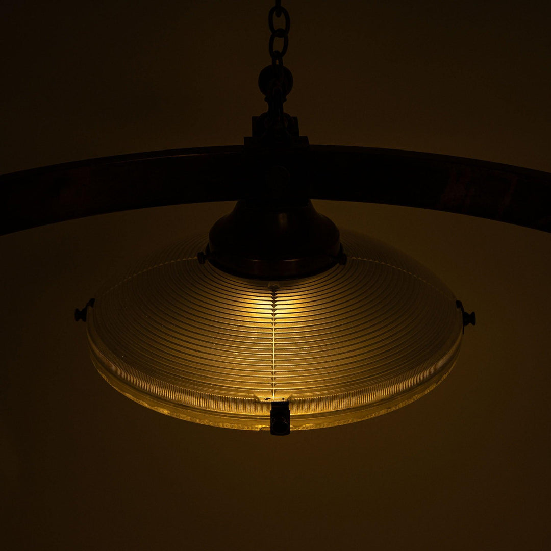 Rare Pair of Monumental Scale Antique Holophane Bronze Ring Chandeliers