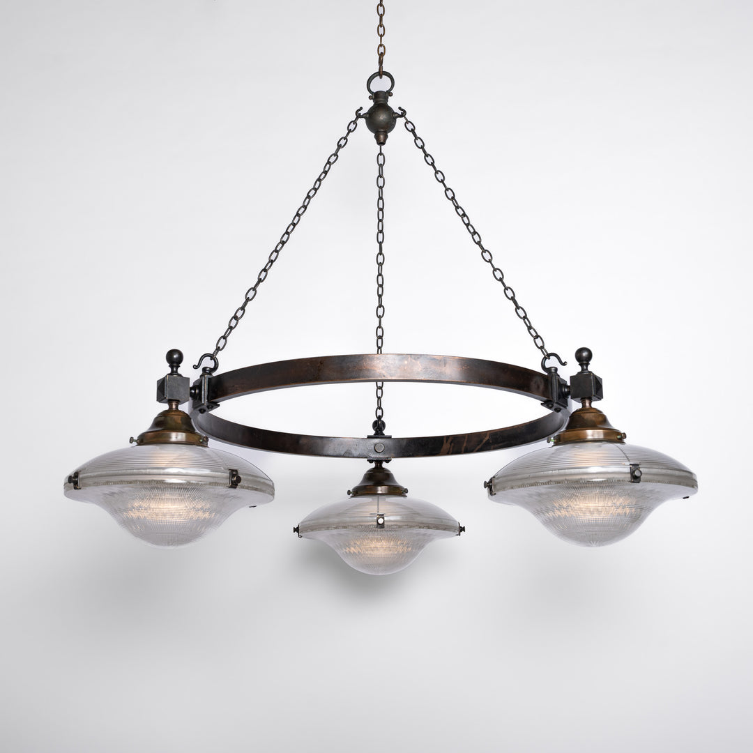 Rare Pair of Monumental Scale Antique Holophane Bronze Ring Chandeliers