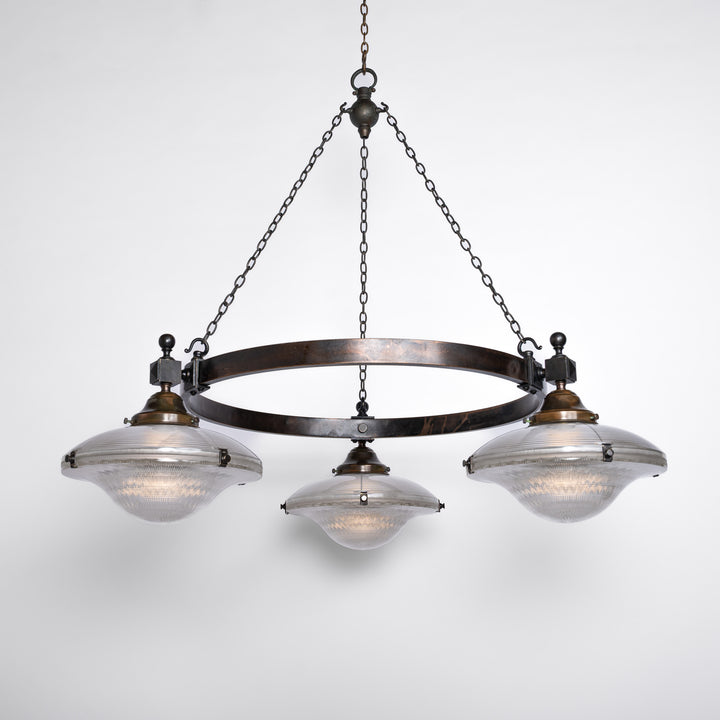 Rare Pair of Monumental Scale Antique Holophane Bronze Ring Chandeliers