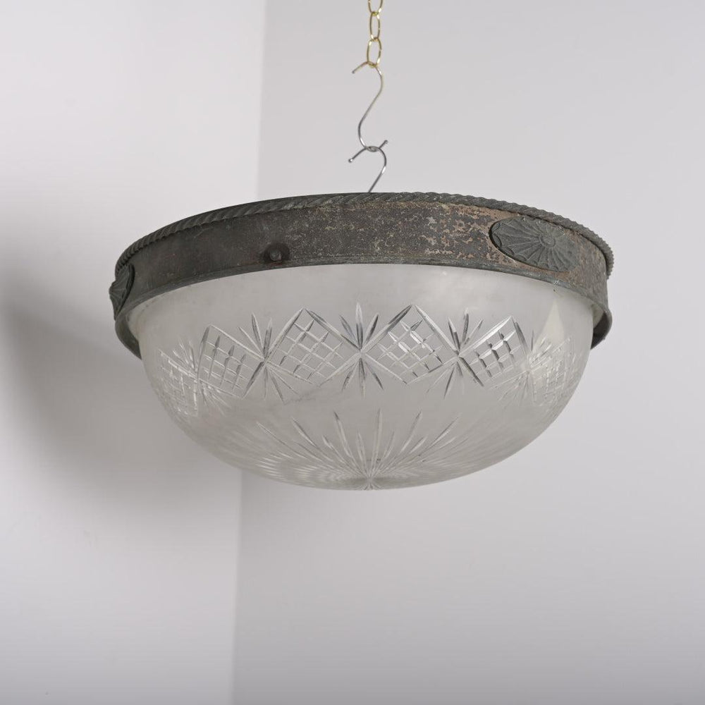 Rare XL Satin Crystal Bowl in Aged Coppered Brass Flush Mount Frame