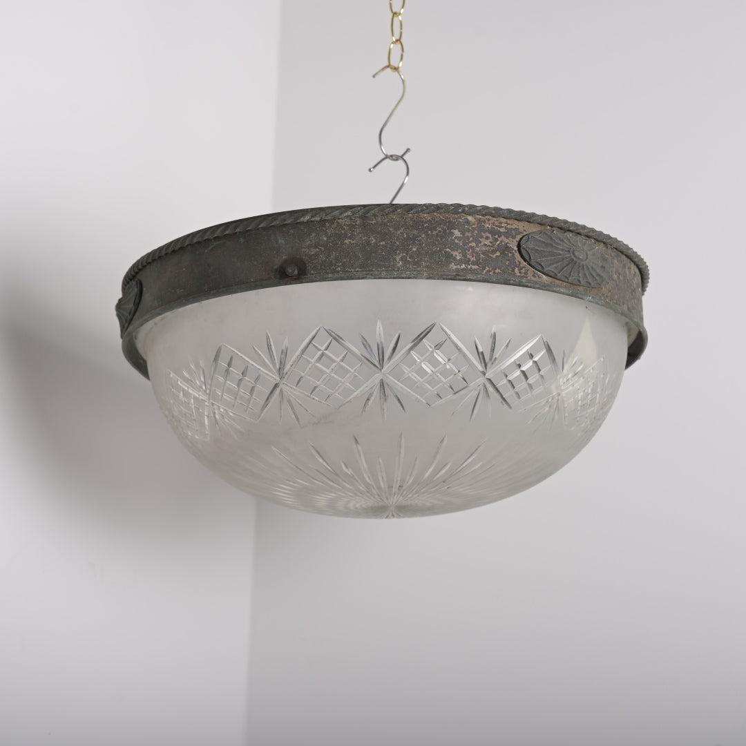 Rare XL Satin Crystal Bowl in Aged Coppered Brass Flush Mount Frame