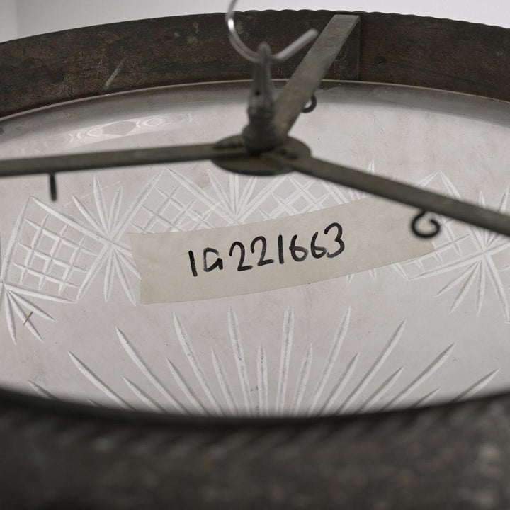 Rare XL Satin Crystal Bowl in Aged Coppered Brass Flush Mount Frame