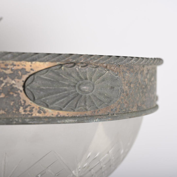 Rare XL Satin Crystal Bowl in Aged Coppered Brass Flush Mount Frame