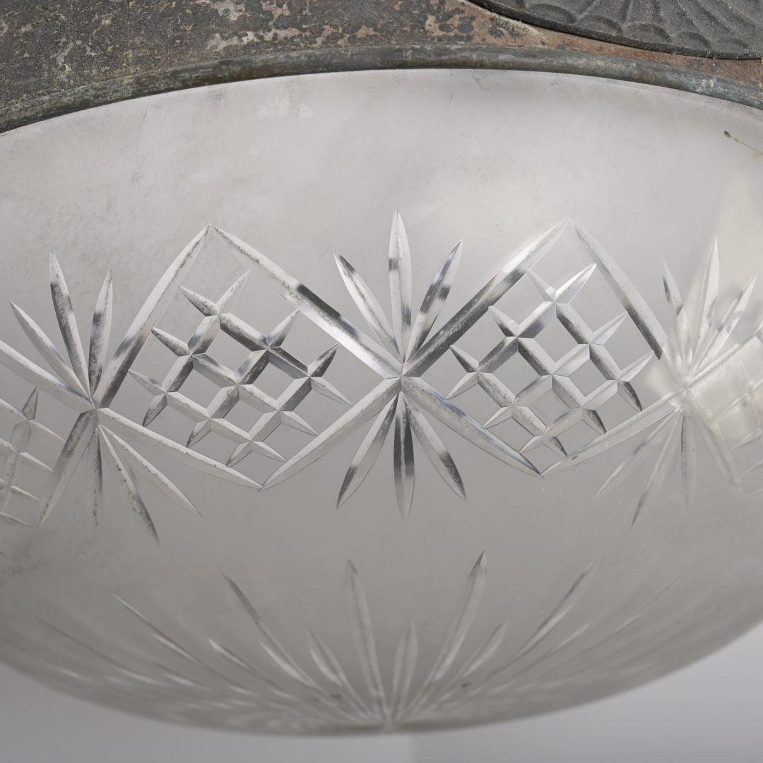 Rare XL Satin Crystal Bowl in Aged Coppered Brass Flush Mount Frame