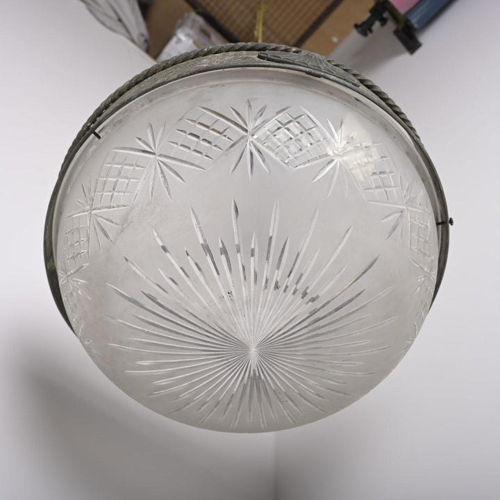 Rare XL Satin Crystal Bowl in Aged Coppered Brass Flush Mount Frame