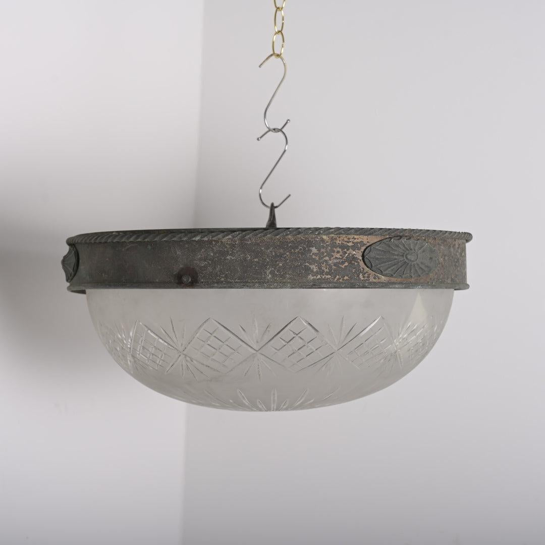 Rare XL Satin Crystal Bowl in Aged Coppered Brass Flush Mount Frame