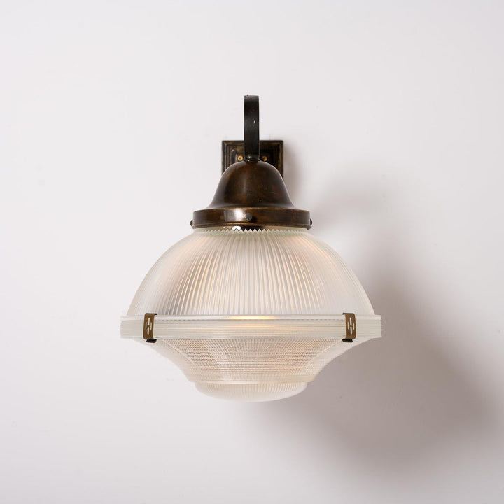 Rare XL Three Part Holophane Light Fitting with Cast Brass Scrolled Wall Bracket