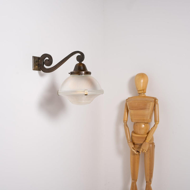 Rare XL Three Part Holophane Light Fitting with Cast Brass Scrolled Wall Bracket