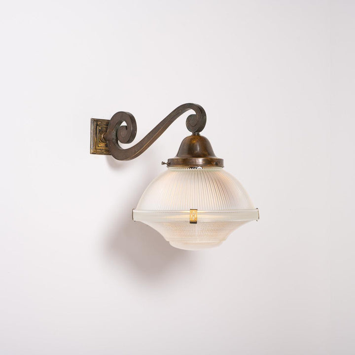 Rare XL Three Part Holophane Light Fitting with Cast Brass Scrolled Wall Bracket