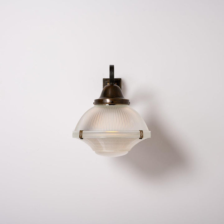 Rare XL Three Part Holophane Light Fitting with Cast Brass Scrolled Wall Bracket