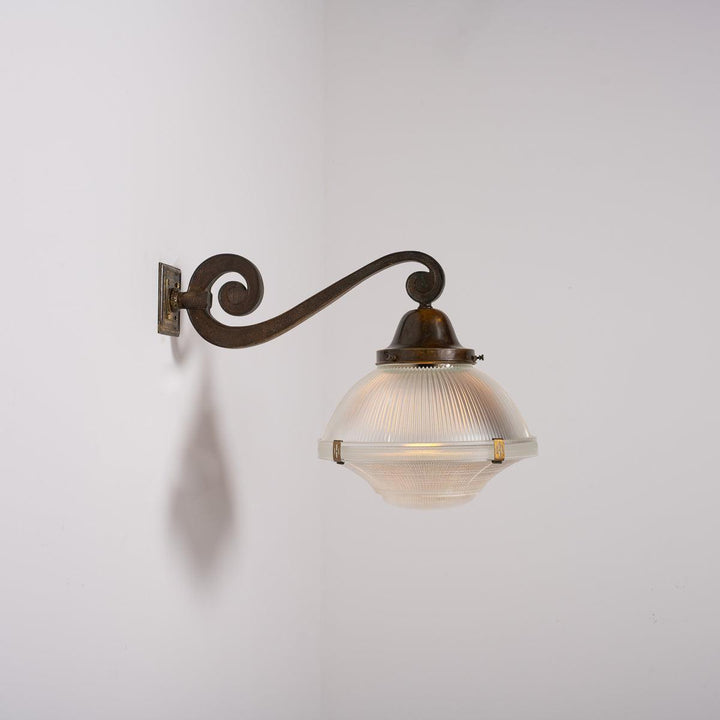 Rare XL Three Part Holophane Light Fitting with Cast Brass Scrolled Wall Bracket